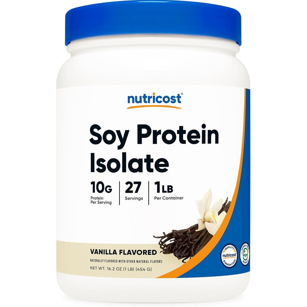 Nutricost Soy Protein Isolate Powder Vanilla 1 Pound front tub view for plant-based nutrition.