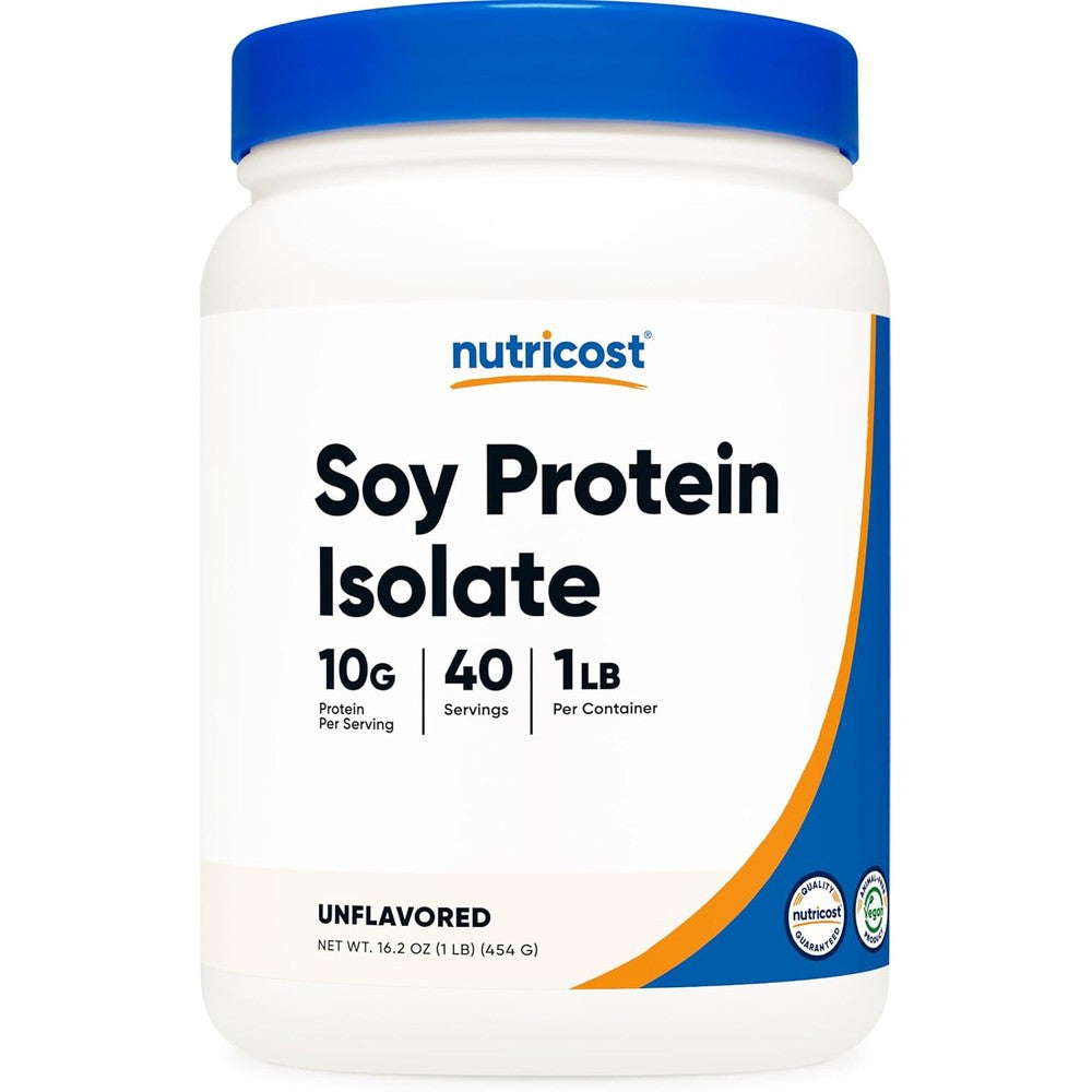 Nutricost Soy Protein Isolate Powder Unflavored 1 Pound front container view showing supplement facts.