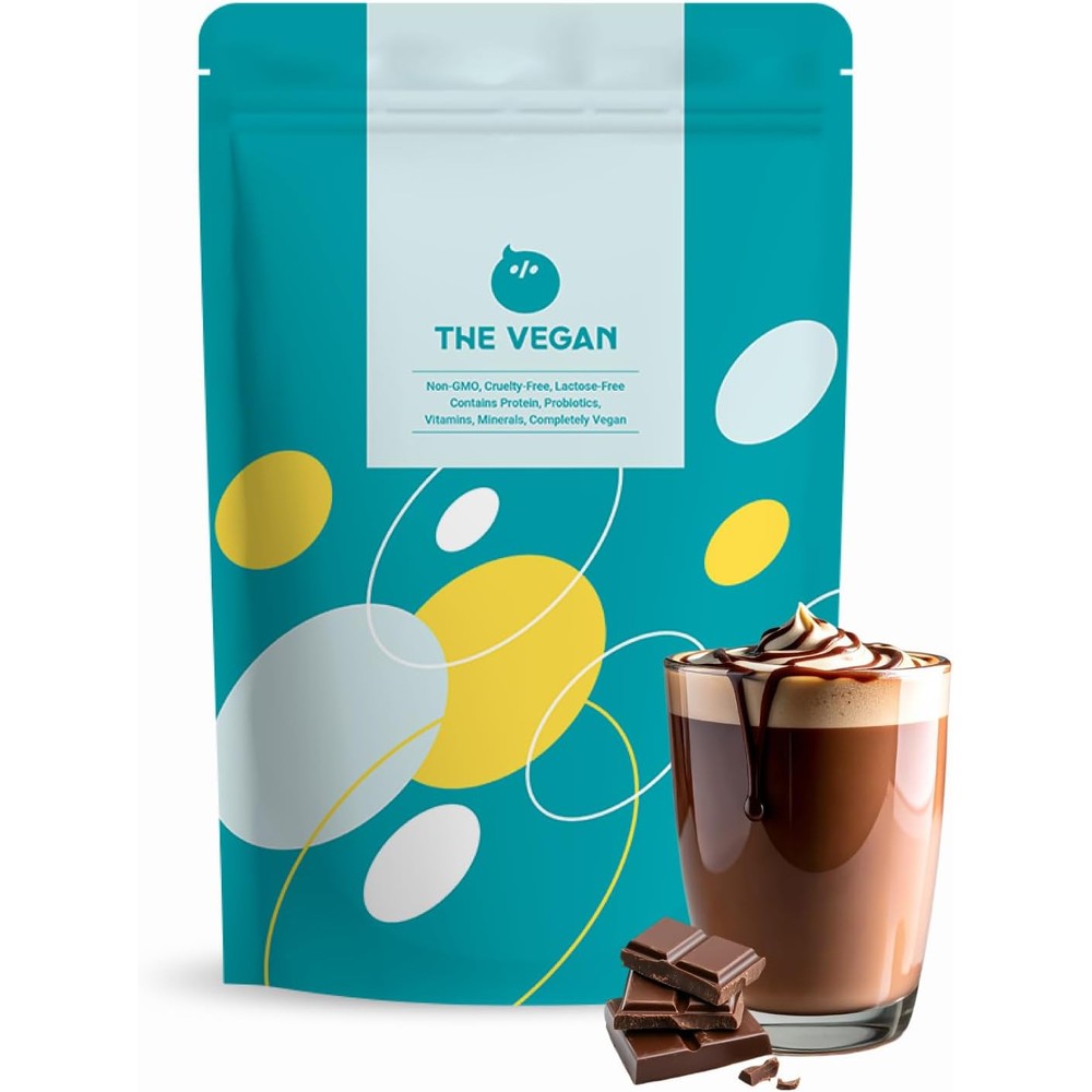 THE VEGAN plant based protein powder chocolate flavor front view vegan supplement.