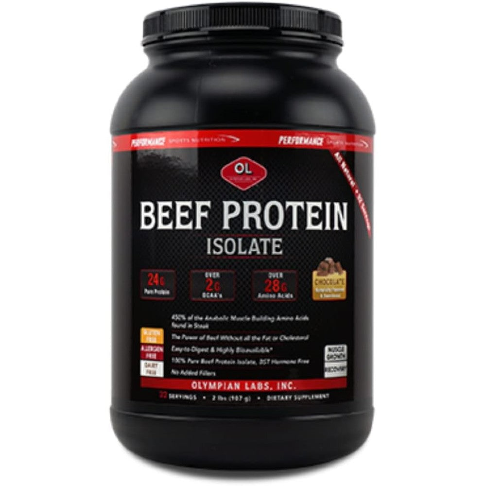 Olympian Labs Beef Protein Isolate chocolate powder front view authentic bodybuilding supplement