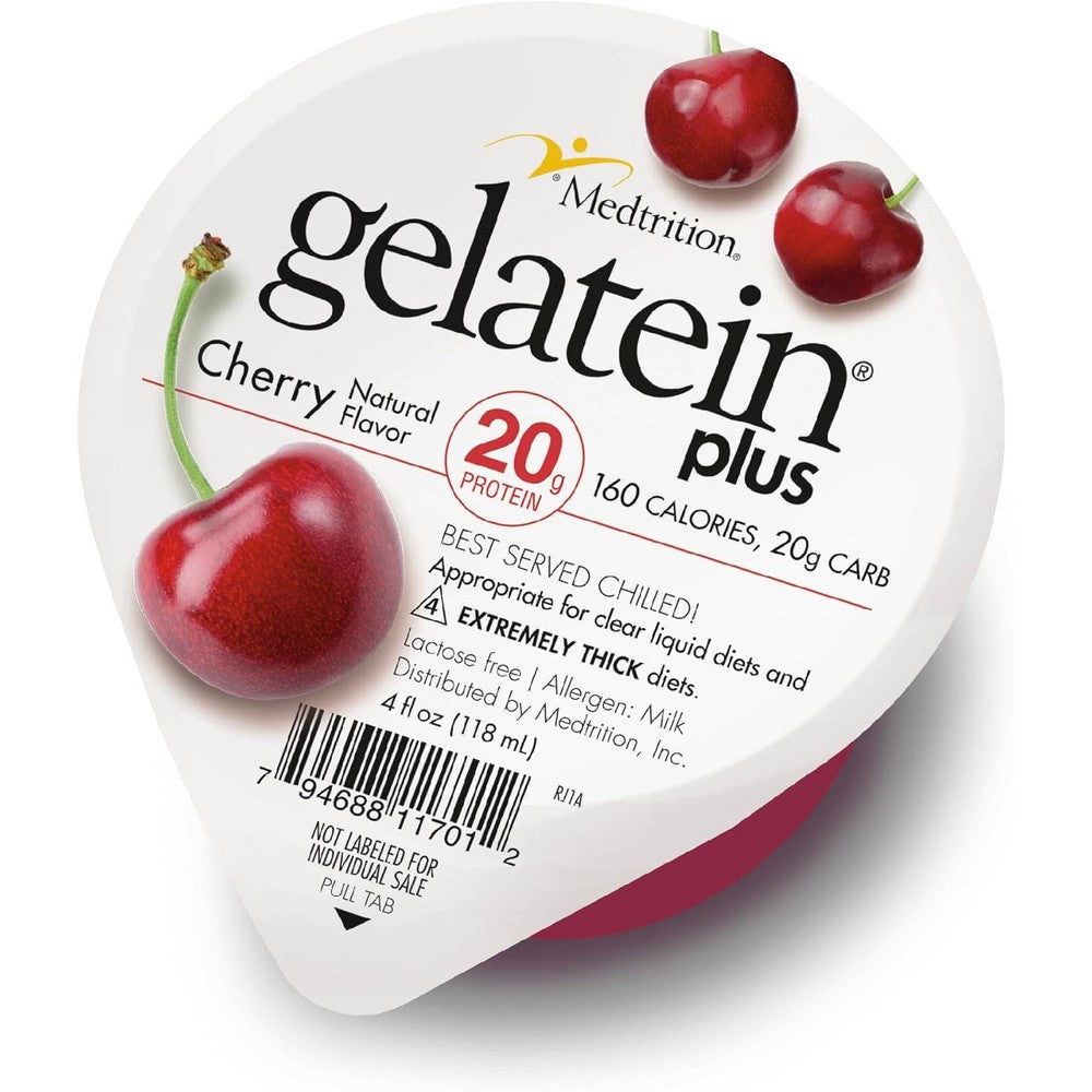Medtrition Gelatein Plus Cherry front view high protein gelatin cup.