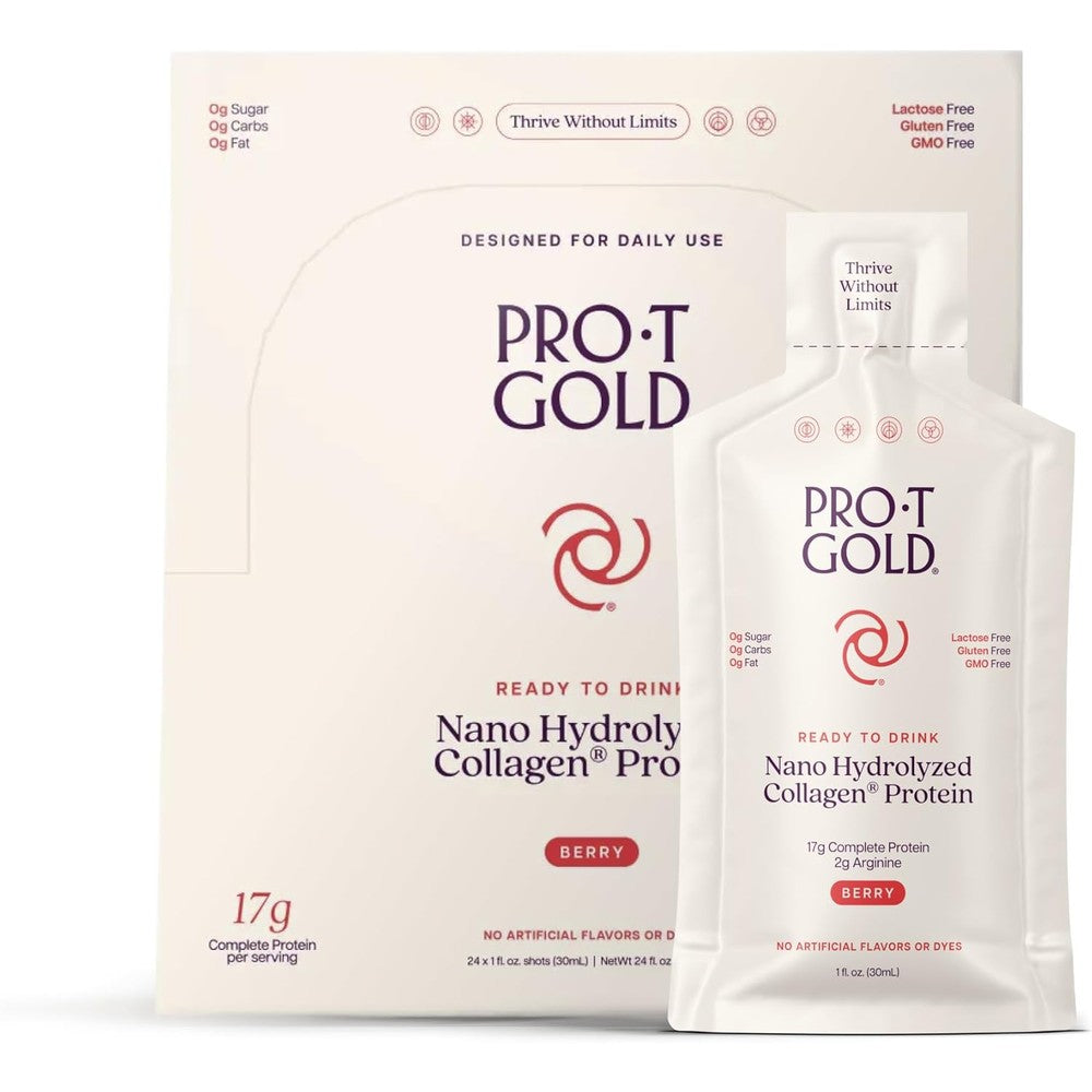ProT Gold Liquid Collagen Protein Shot berry flavor 24 pack front view for wound support.