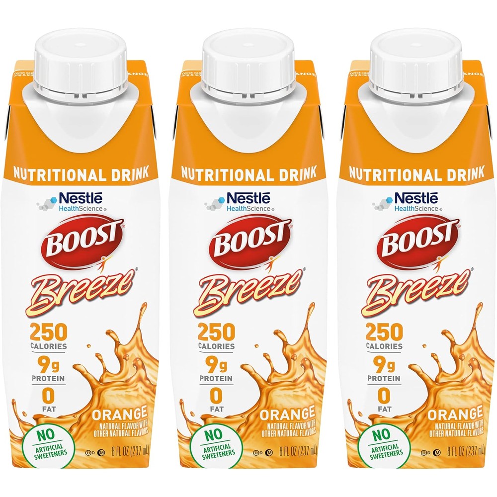 BOOST Breeze Nutritional Drink Orange 3 pack front view for protein supplement