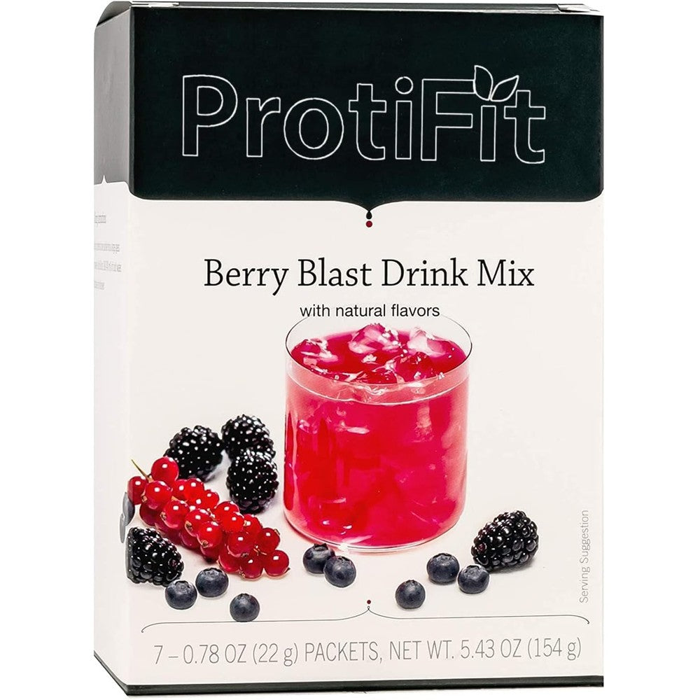 ProtiFit Berry Blast High Protein Drink Mix front packaging with 7 servings.