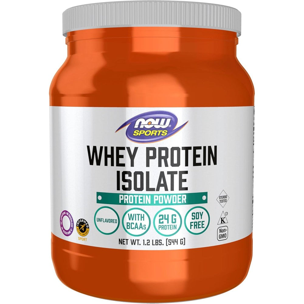 NOW Sports Whey Protein Isolate unflavored powder 1.2 pound front container view