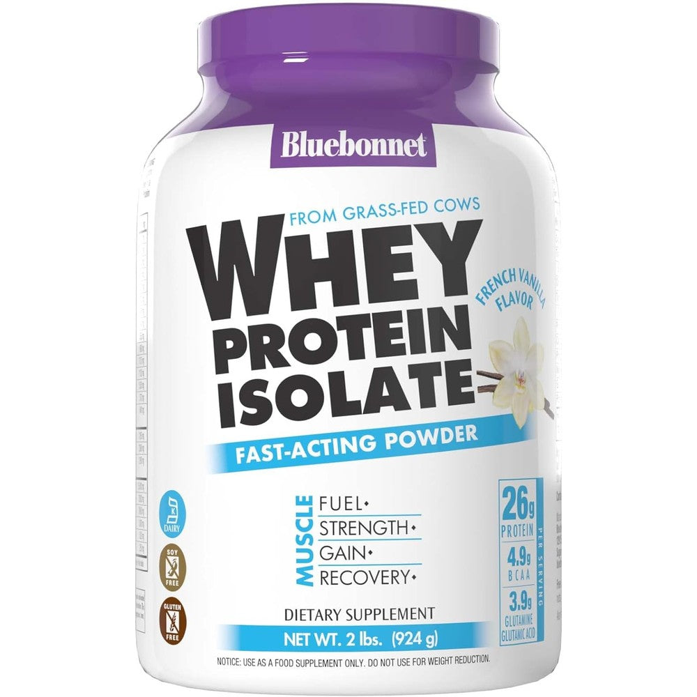 BlueBonnet Grass Fed Whey Protein Isolate French Vanilla front view muscle recovery powder.
