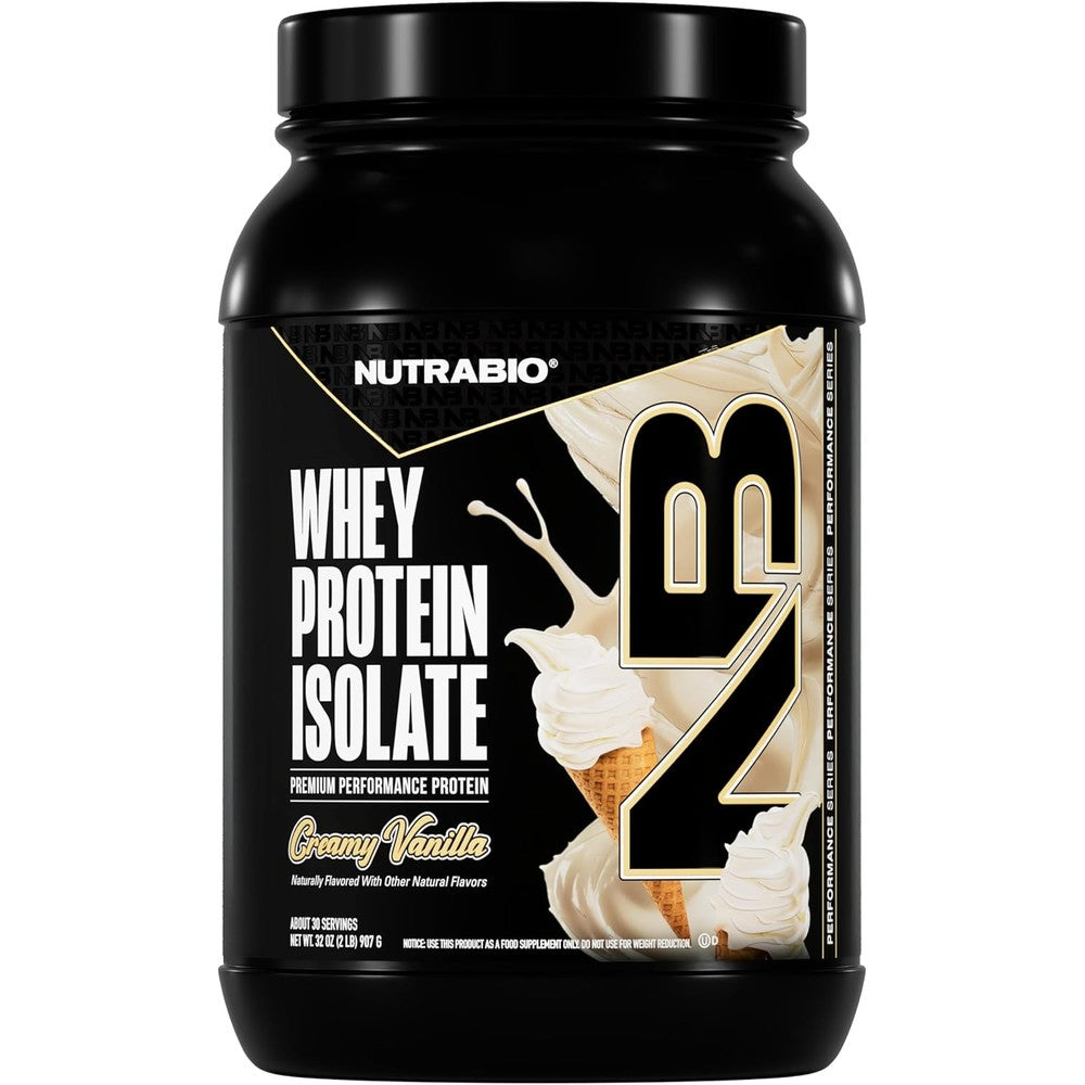 NutraBio 100% Whey Protein Isolate Creamy Vanilla front view supplement bottle