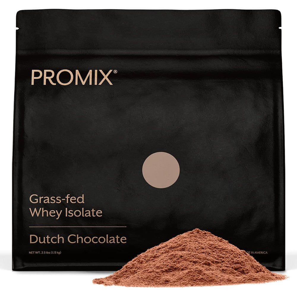 ProMix Nutrition Grass-Fed Whey Protein Isolate Powder in Dutch Chocolate flavor tub