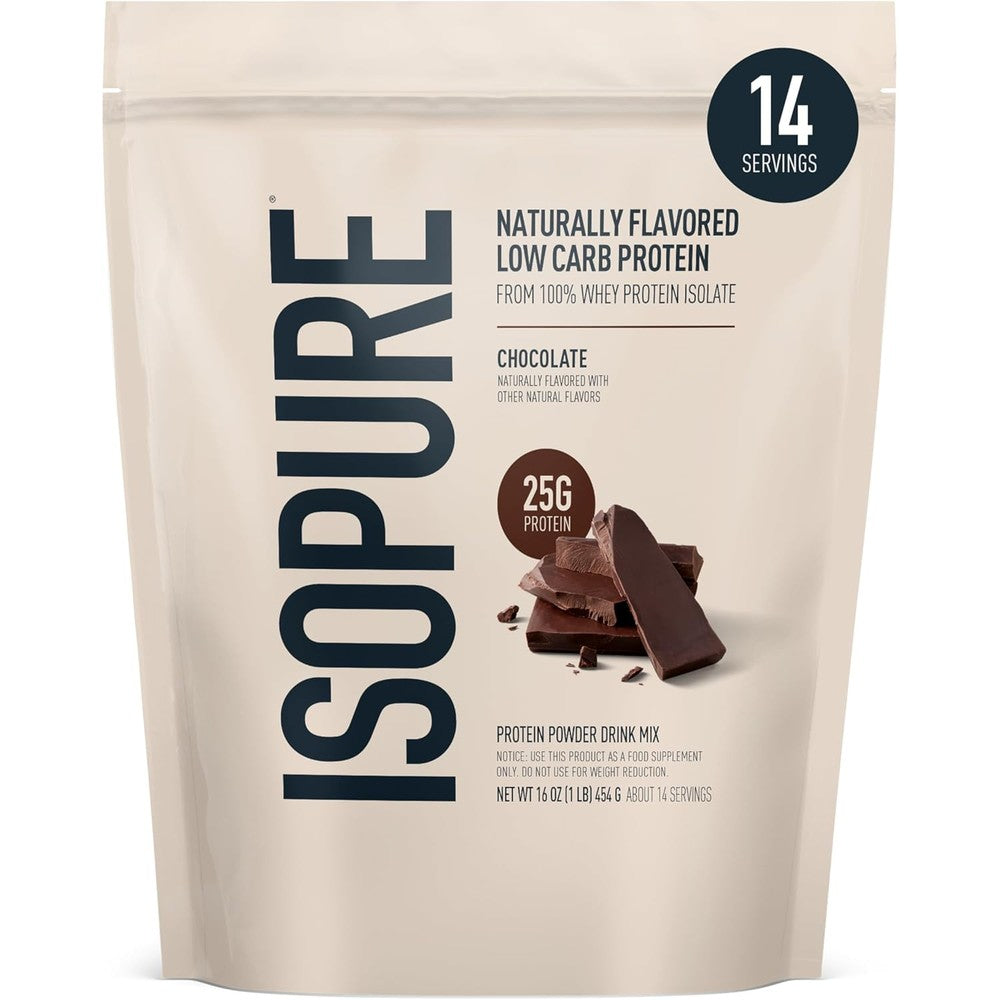 Isopure Low Carb Dark Chocolate Whey Isolate 1 Pound bag front view for muscle recovery.