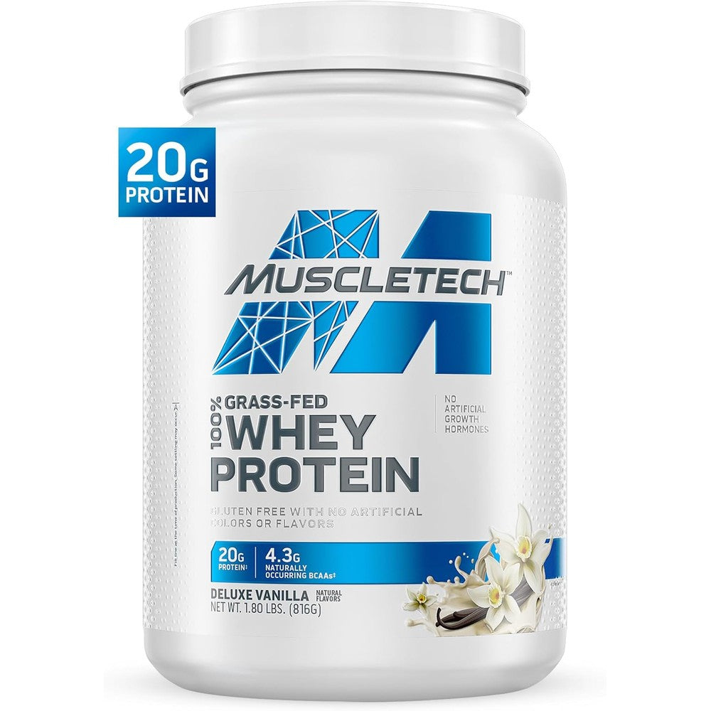 MuscleTech Grass-Fed Whey Protein Deluxe Vanilla front view authentic imported supplement