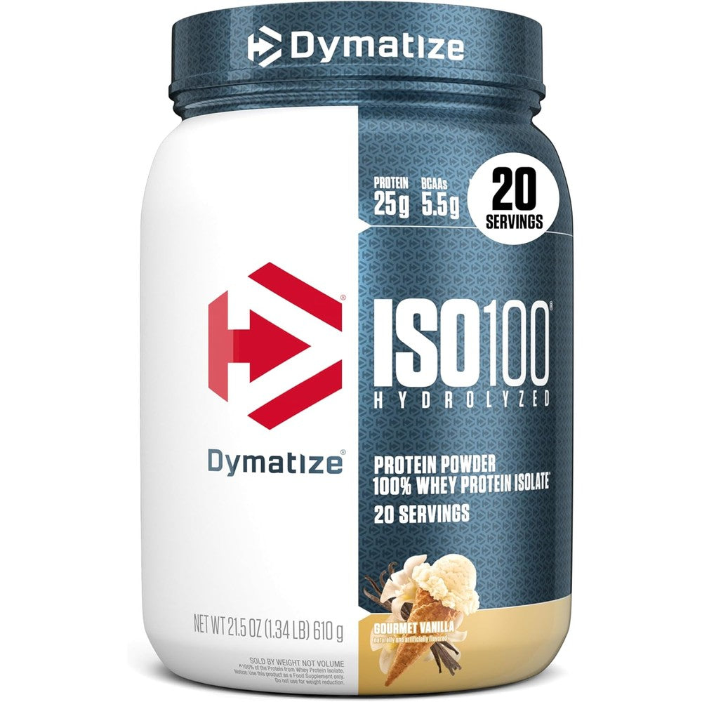 Dymatize Nutrition ISO100 Hydrolyzed Whey Protein Isolate Gourmet Vanilla 610g tub front view authentic imported fitness supplement