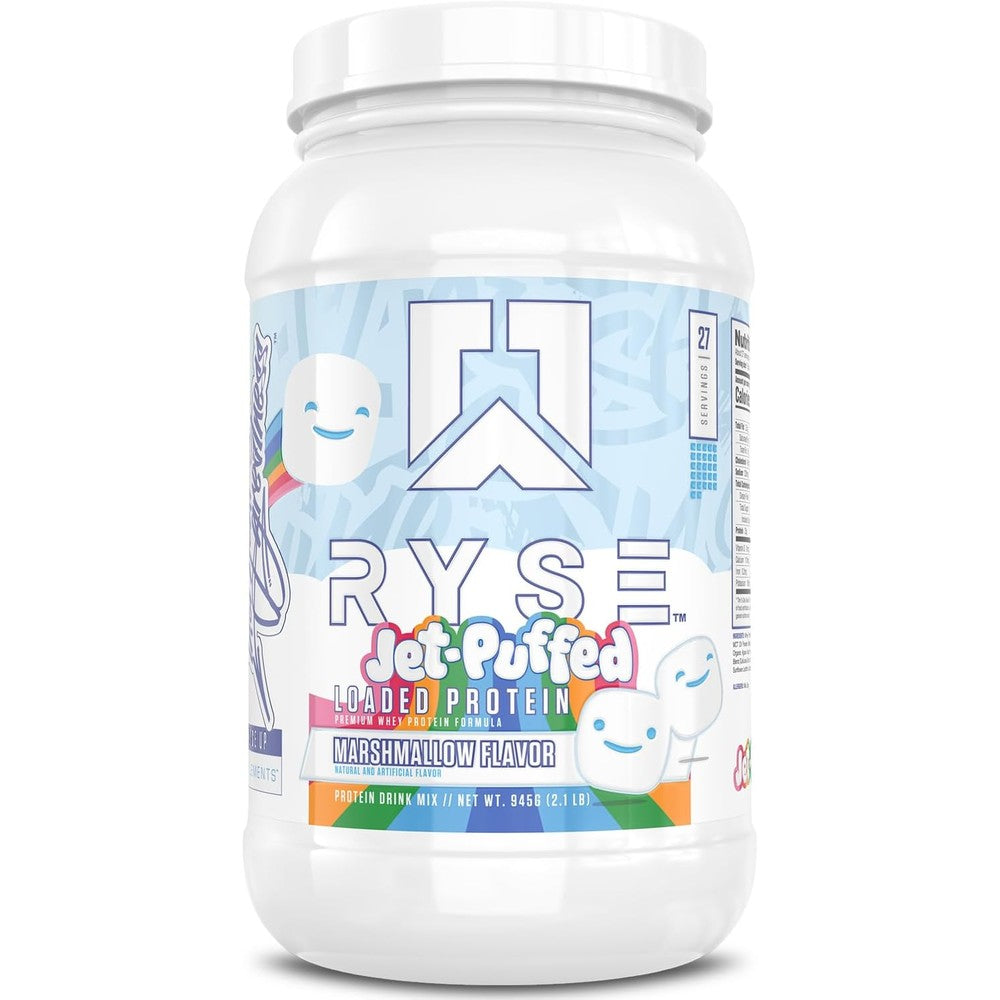 RYSE Up Supplements Loaded Protein Jet-Puffed Marshmallow front tub view for muscle recovery.