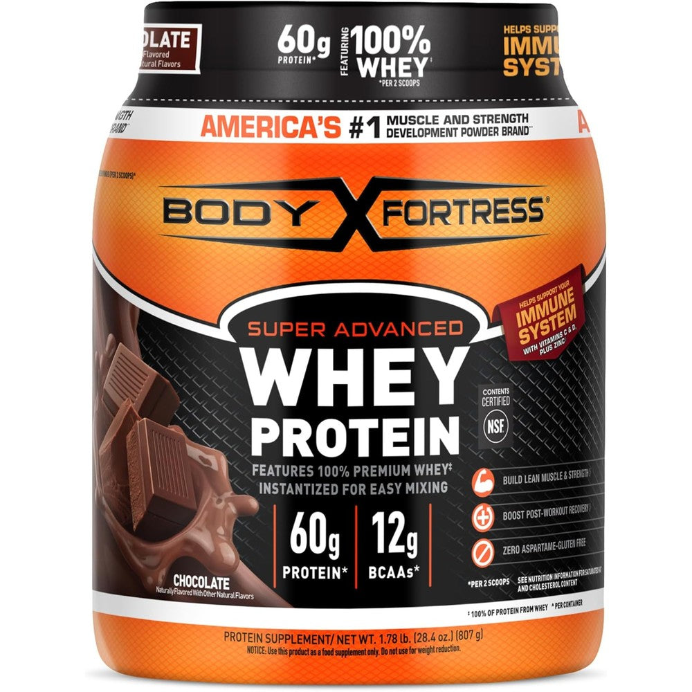 Body Fortress Super Advanced Whey Protein Chocolate 1.78 pounds front tub view