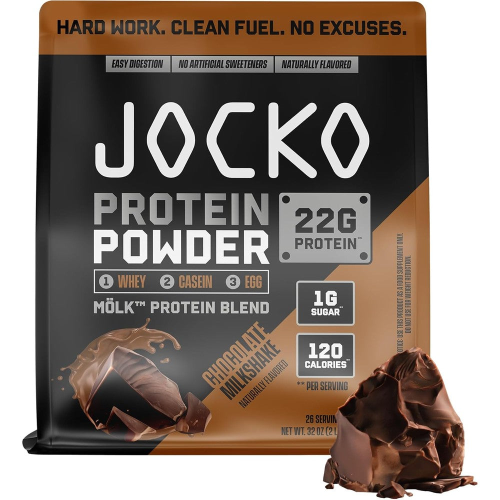 Jocko Fuel Mölk Whey Protein Powder Chocolate Milkshake front view authentic import.