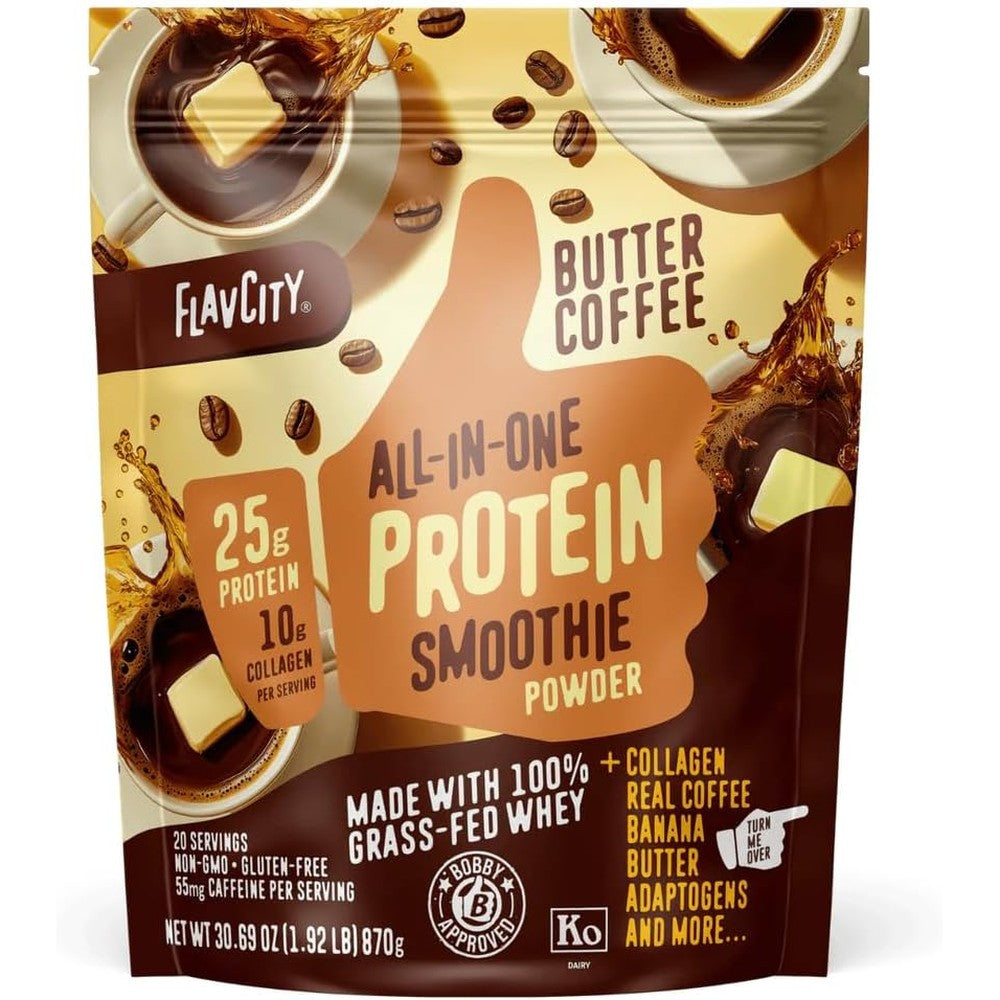 FlavCity Butter Coffee Grass Fed Whey Protein Powder tub front view for muscle recovery.