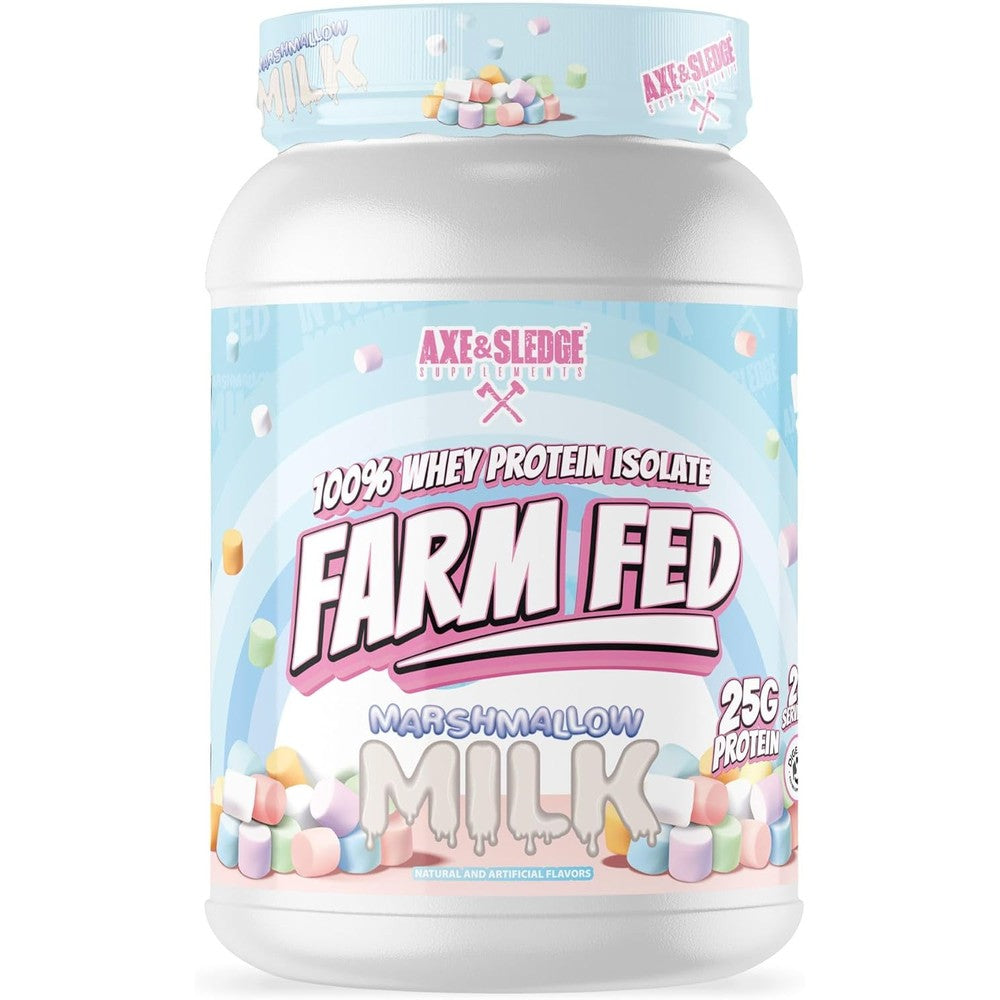 Axe & Sledge Farm Fed Marshmallow Milk tub front view showing 25g protein label