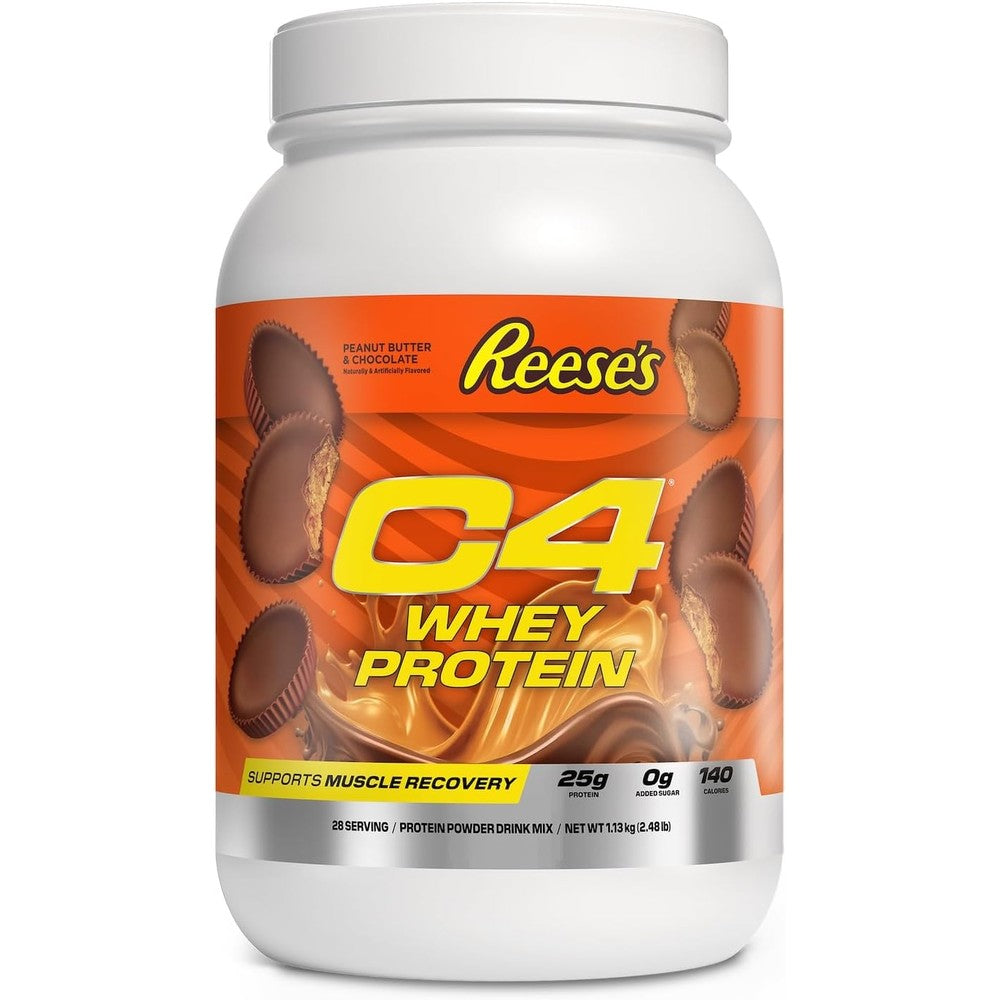 Cellucor C4 Whey Protein Reese's Peanut Butter and Chocolate tub front view showing protein content.