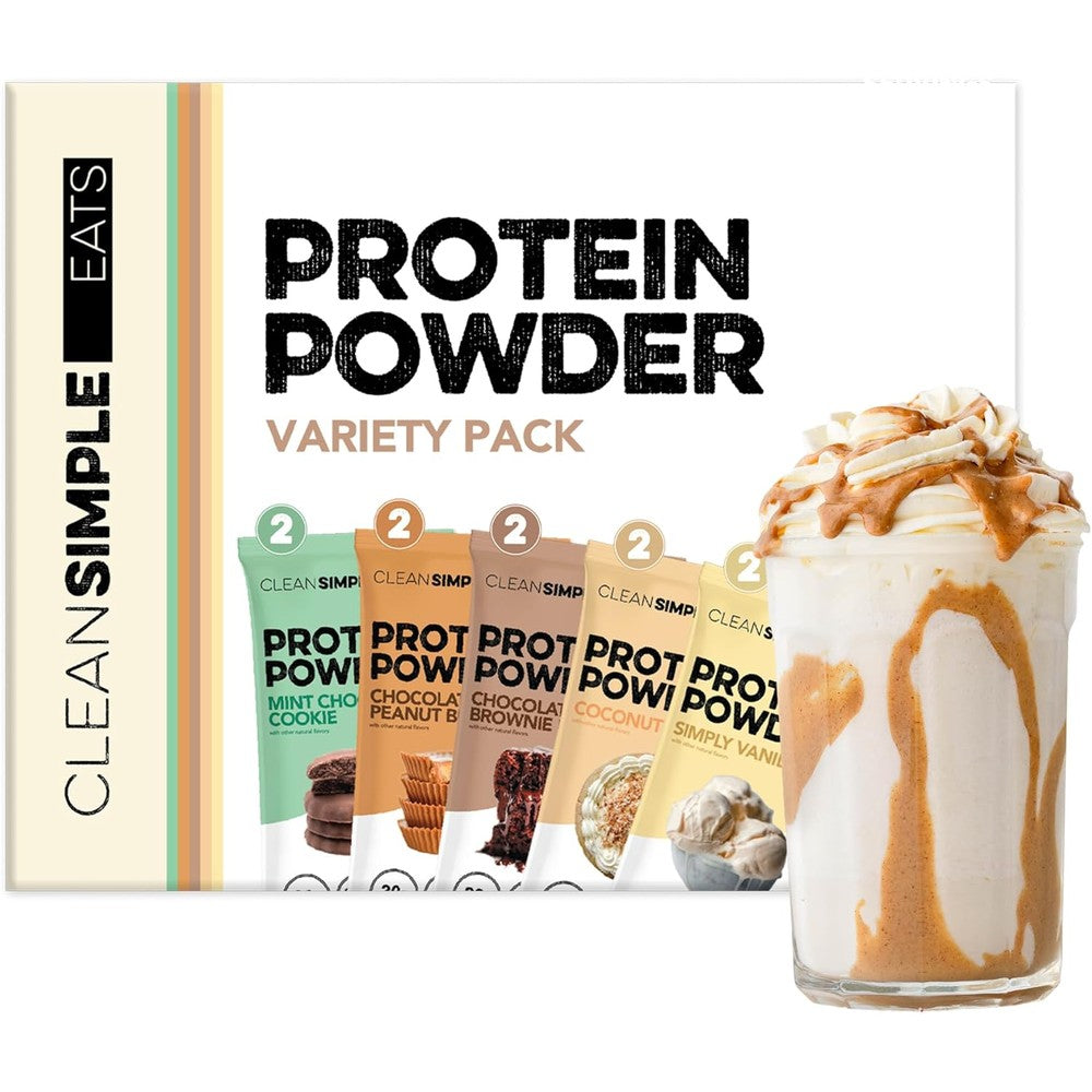 Clean Simple Eats Whey Protein Powder Variety Pack front view of 10 count box.