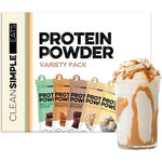 Clean Simple Eats Whey Protein Powder Variety Pack front view of 10 count box.