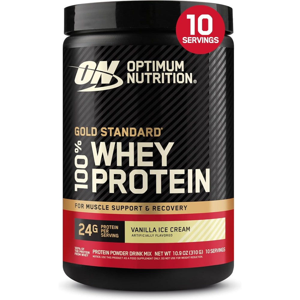 Optimum Nutrition Gold Standard Whey Protein Vanilla Ice Cream 0.68 pound front view premium supplement.
