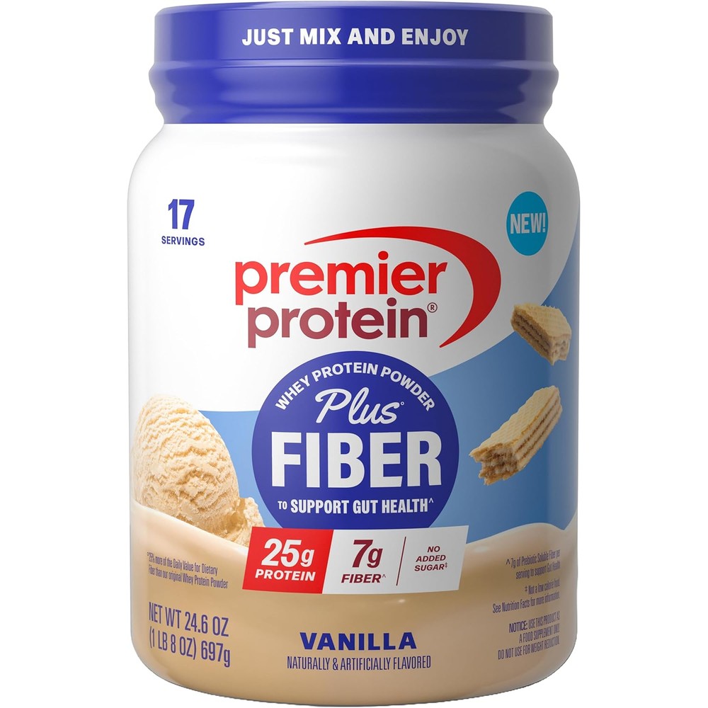 Premier Protein Powder Plus Fiber Vanilla front packaging for gut health.