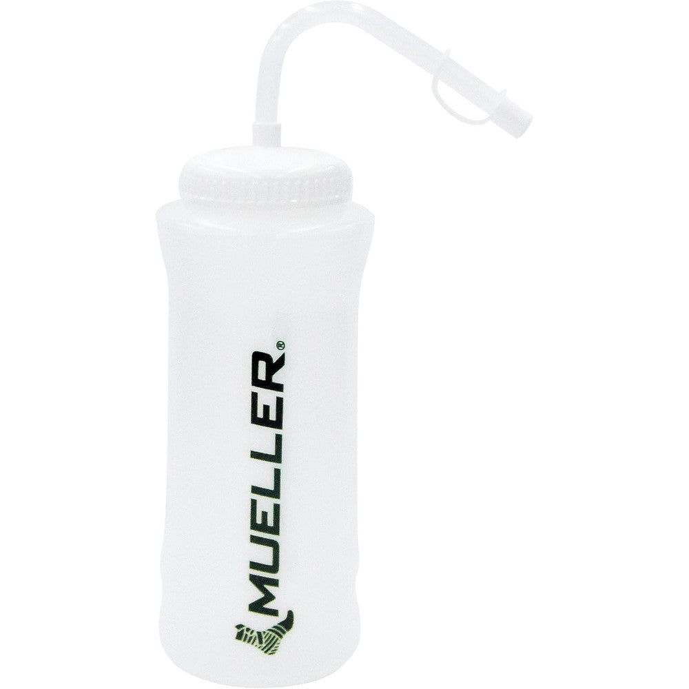 Mueller brand 32 oz natural color sport water bottle with black letters and straw lid