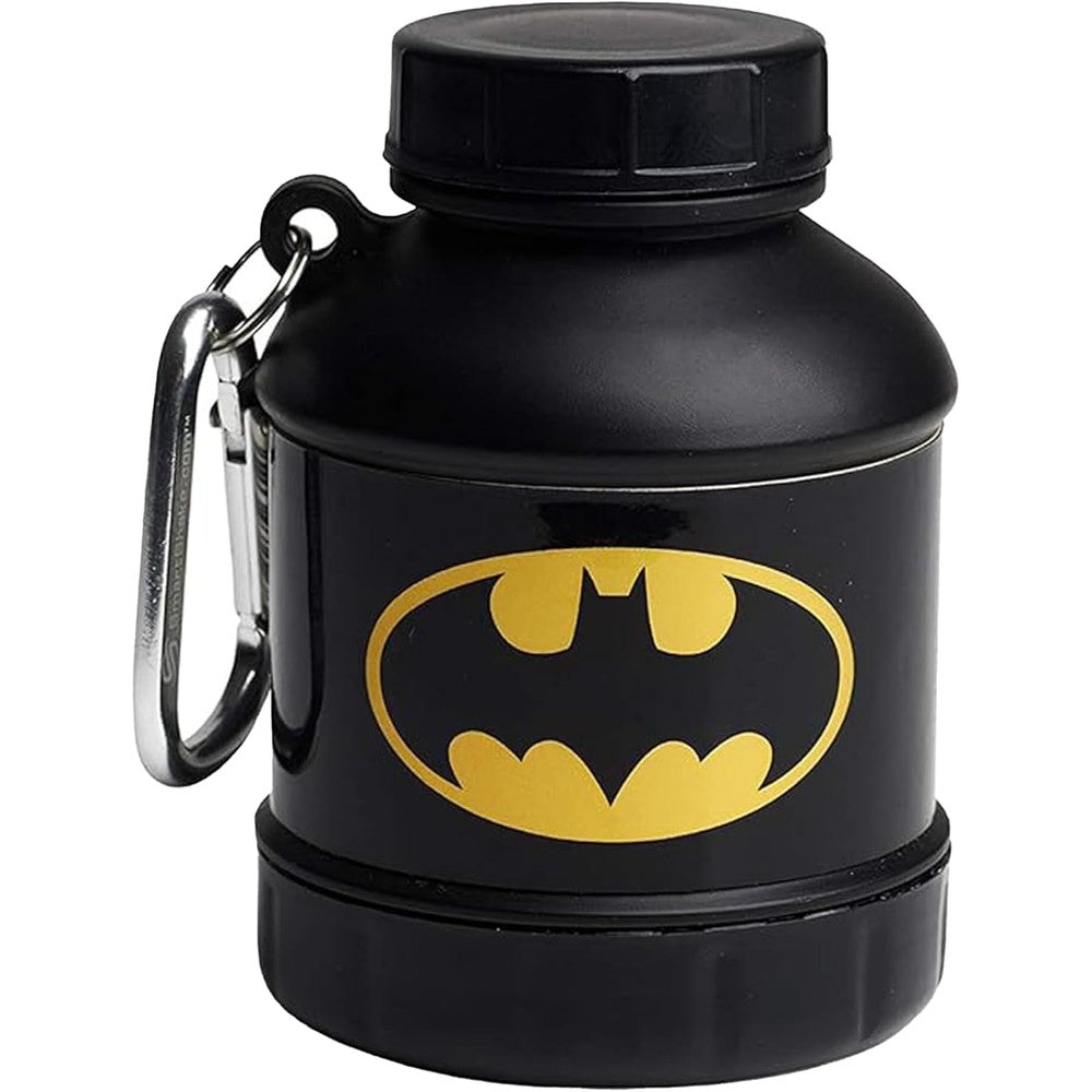 Smartshake Whey2Go Batman protein powder storage container with keychain clip and funnel top