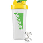 Almased protein shaker bottle in white and purple with dumbbell whisk for mixing