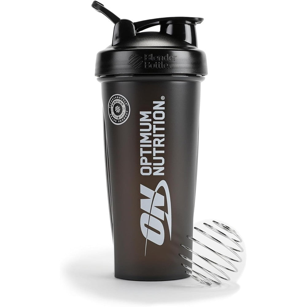 Optimum Nutrition Shaker Cup front view jet black 28 ounce bottle for protein shakes.