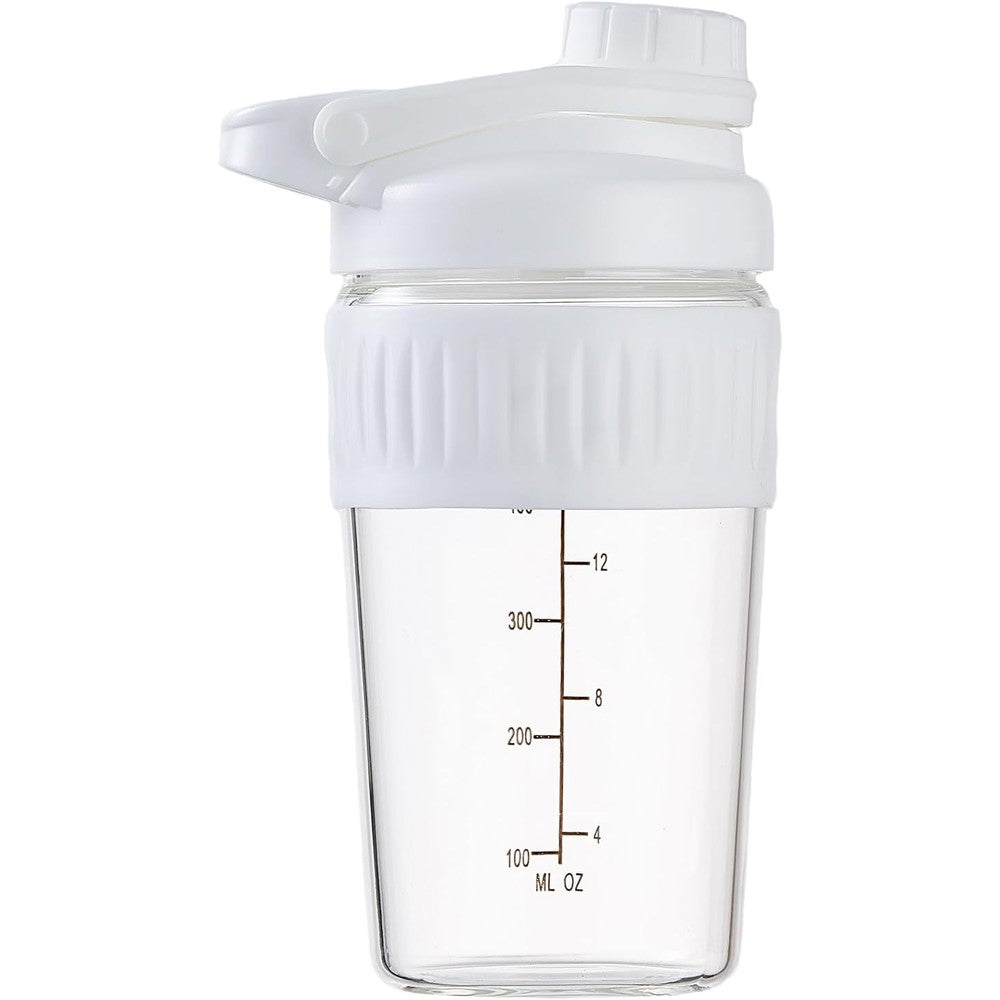 ShakeXpert glass protein shaker bottle white front view for gym supplements.