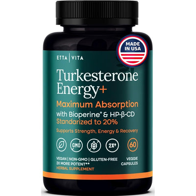 Potent Turkesterone Supplement, 2X Pure (Made in USA - 3rd Party Tested) Most Bioavailable and Natural Test Support Supplement, Supports Energy Lean Muscle Health, Recovery and Stamina, Vegan (60ct)