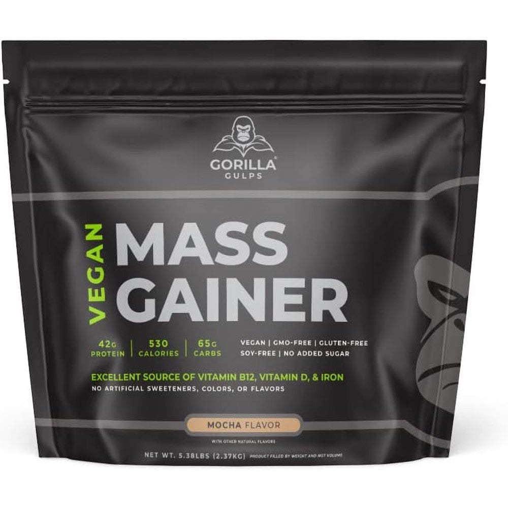 Gorilla Gulps Mocha Vegan Mass Gainer 5 pound tub front view for plant based muscle growth.