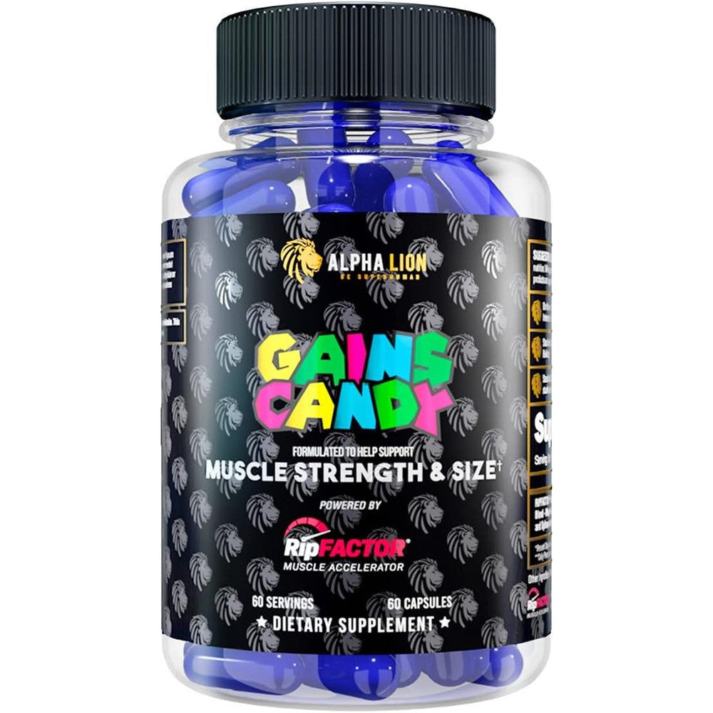 Alpha Lion Gains Candy RipFactor front view bottle showing 60 capsules.