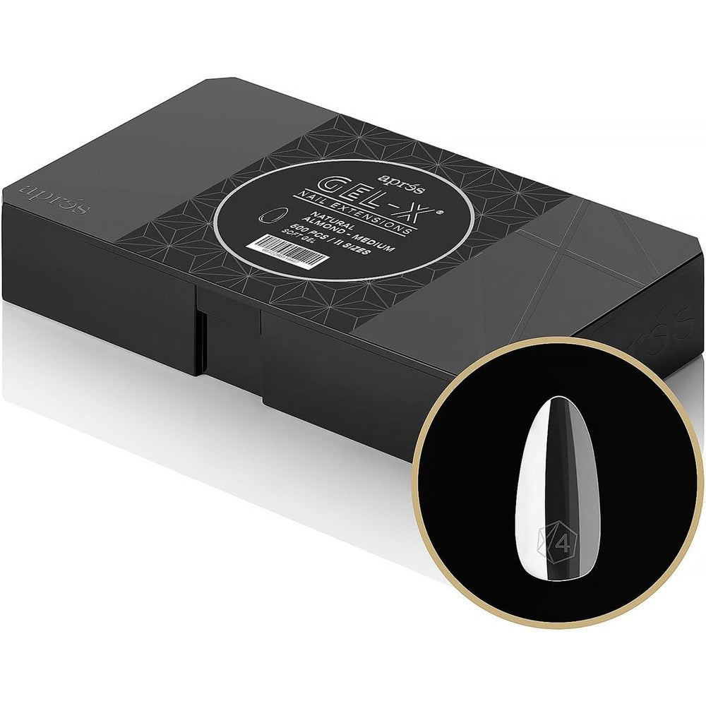 APRÉS Gel-X soft gel tip box containing 500 clear natural almond medium nail tips