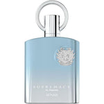 Afnan Supremacy In Heaven Eau De Parfum front view showcasing the blue gradient bottle and silver emblem.