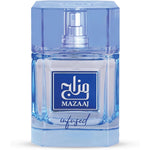 Zimaya Mazaaj Infused Eau De Parfum For Men front view bottle showing blue liquid and matching blue cap