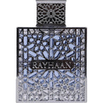 Rayhaan Aquatica Eau de Parfum for men front view showing intricate silver lattice design over blue liquid