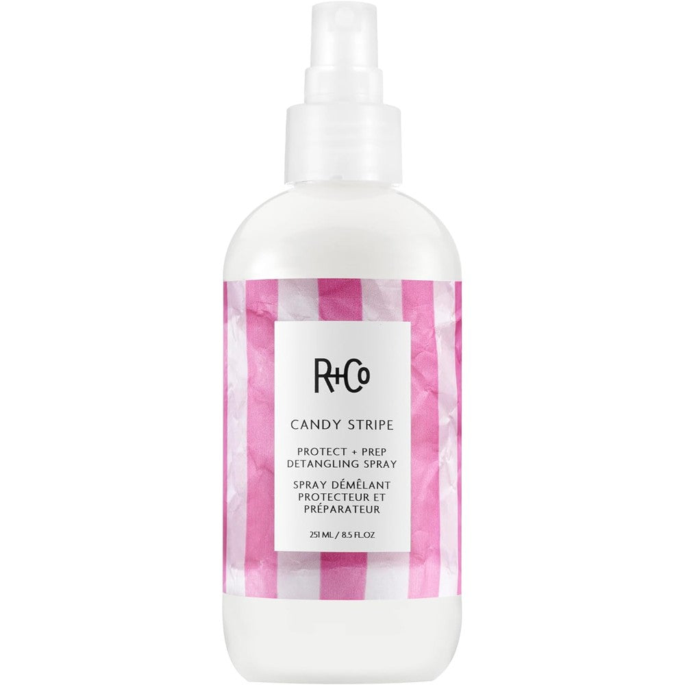 R+Co Candy Stripe Protect and Prep Detangling Spray front view bottle on white background
