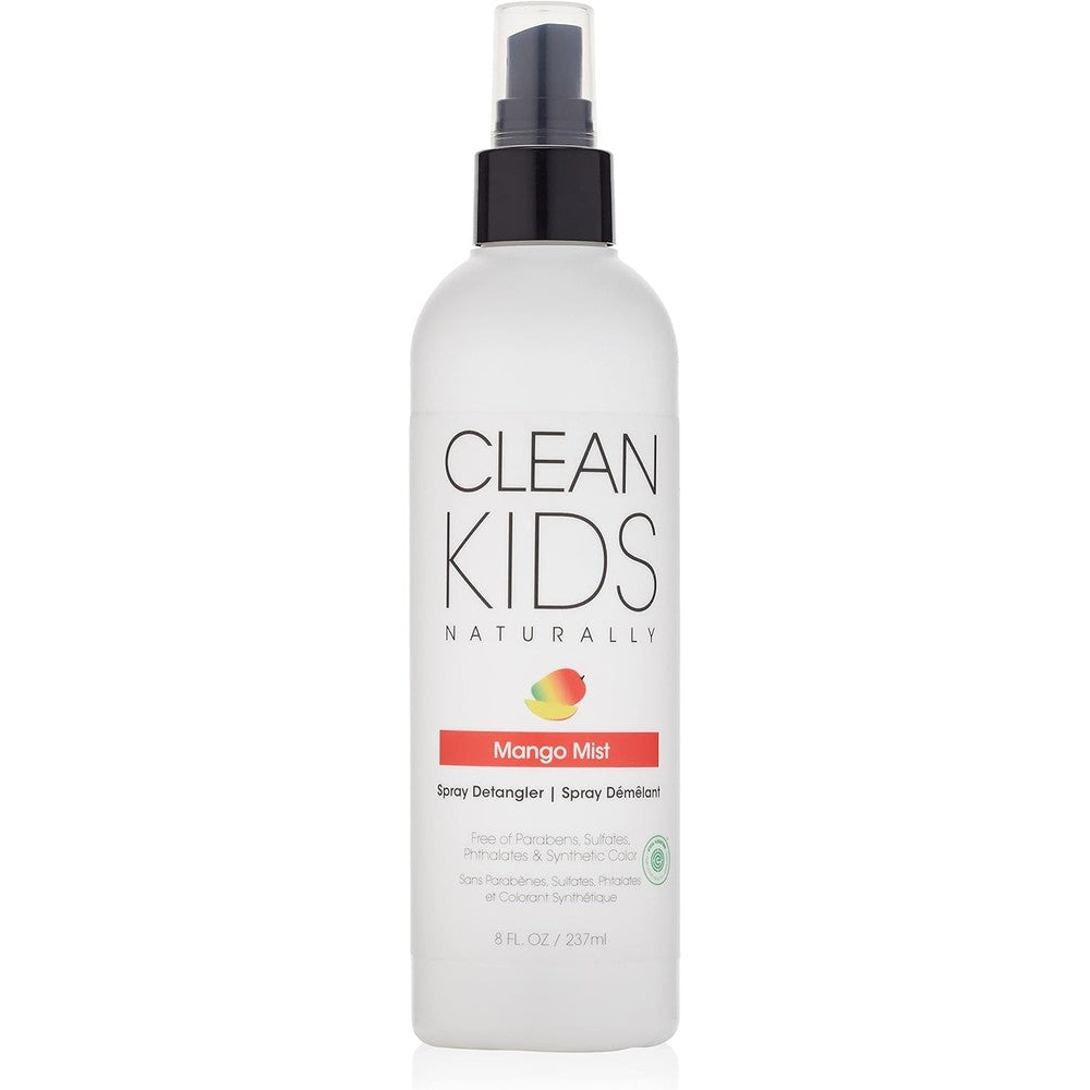 Clean Kids Naturally Mango Mist Spray Detangler front view bottle for kids hair care.