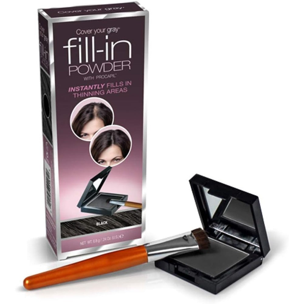 Cover Your Gray Fill In Powder Black front view of compact container with applicator brush