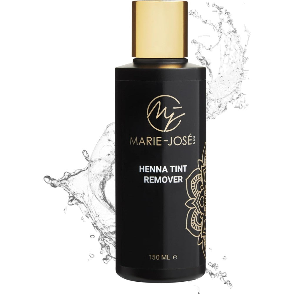 Marie-José Henna Tint Remover 5 fluid ounce front view black bottle with gold cap professional eyebrow dye stain remover