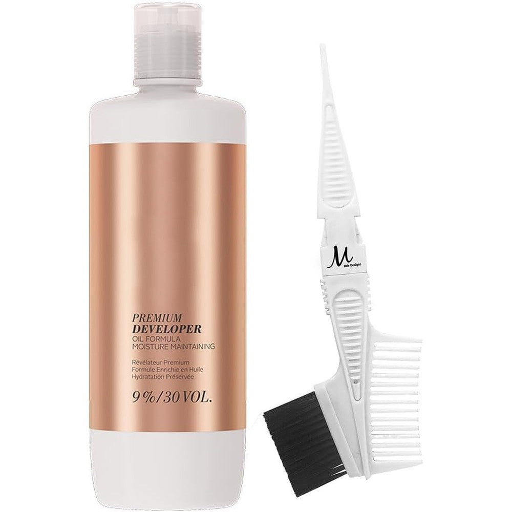 Schwarzkopf BlondMe 30 Volume Developer bottle with M Hair Designs applicator brush