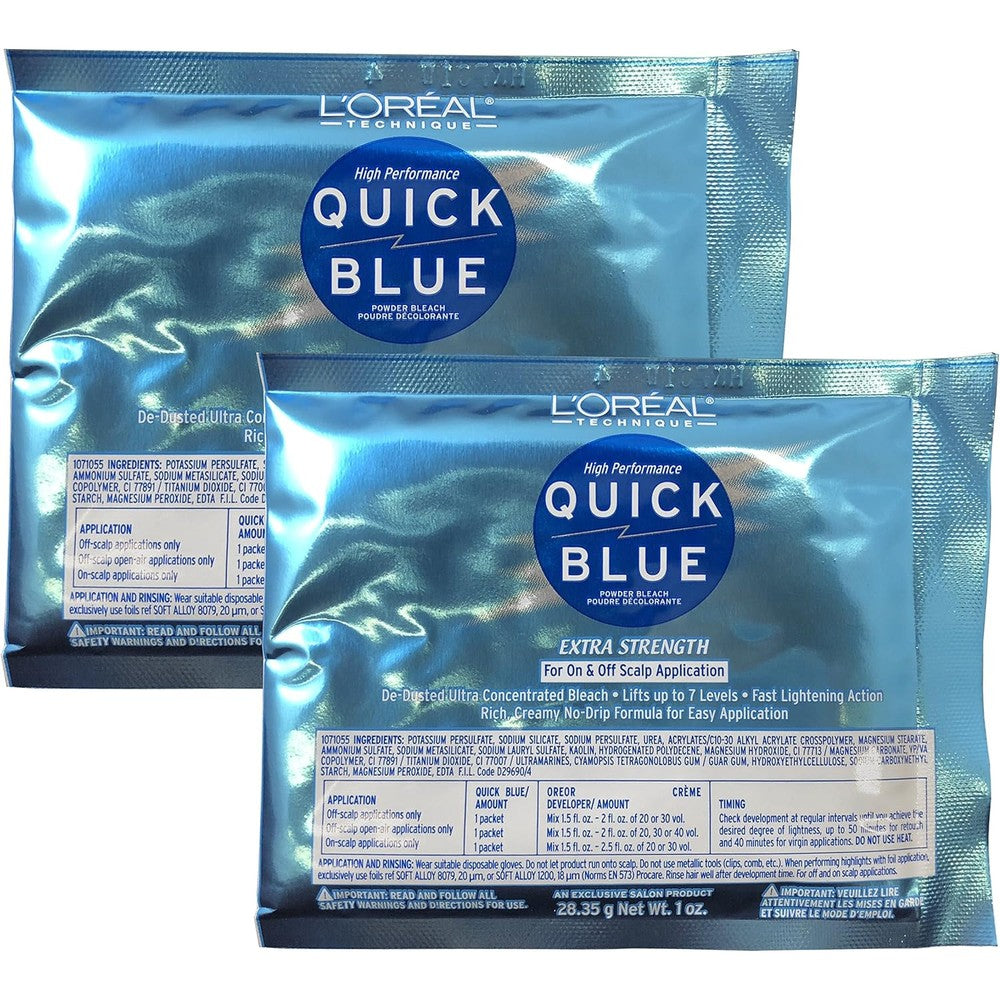 L'Oreal Technique Quick Blue High Performance Powder Bleach front packet view highlighting seven levels of lift.