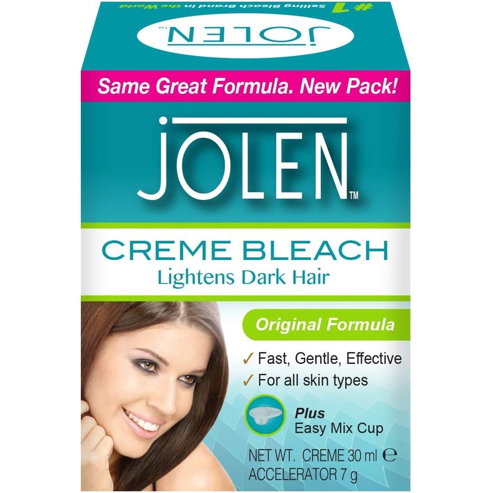 Jolen creme bleach pot front view showing original facial hair lightening treatment packaging