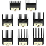 Wusuker premium clipper guards front view showcasing eight black attachment combs with metal clips