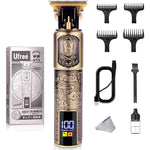 Ufree Professional Beard Trimmer front view showing the vintage bronze metal engraved body and LCD battery display screen.