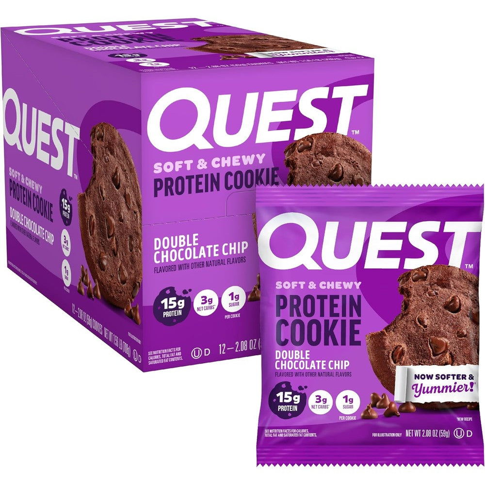 Quest Nutrition Double Chocolate Chip Protein Cookie box front view low carb snack.