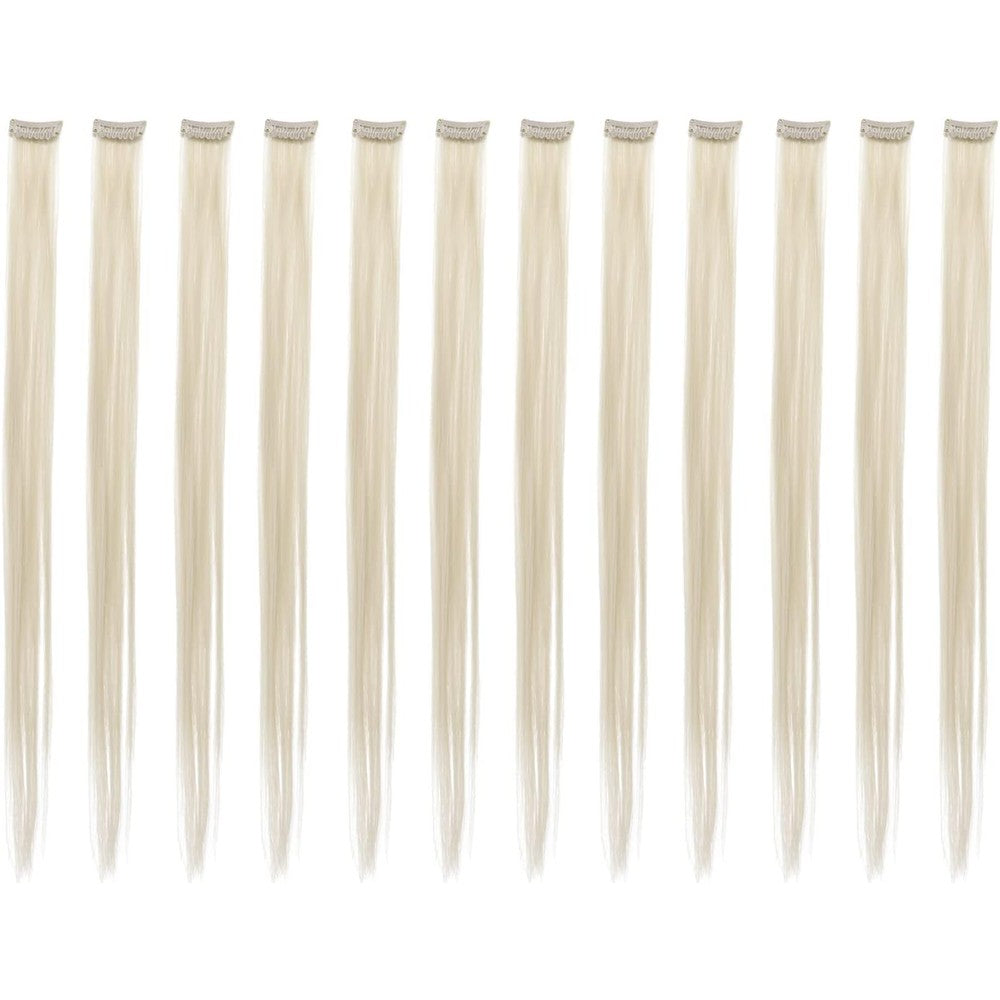 SWACC 12 Pieces Straight Platinum Blonde Hair Extensions front packaging view showcasing sleek synthetic color streaks.