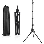 Pet Baby wig stand tripod front view showcasing the fully extended adjustable metal legs for cosmetology training.