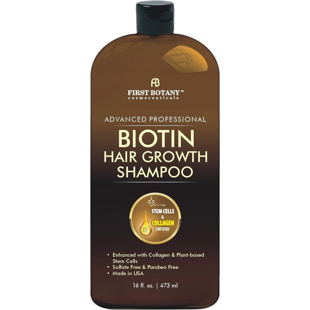 First Botany Hair Regrowth and Anti Hair Loss Shampoo front view bottle showing biotin and collagen ingredients